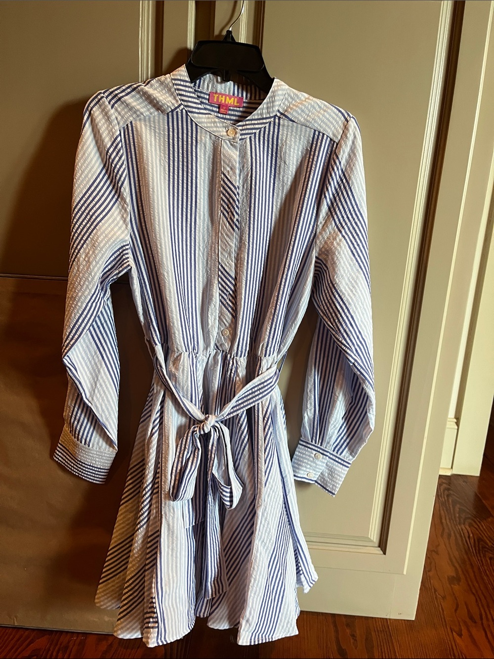 THML Blue and White Striped Long Sleeve Tie-Waist Shirt Dress